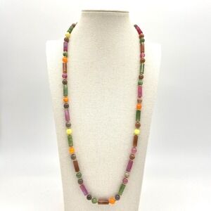 Vintage Lucite Colorful Gemstone‎ Beaded Necklace Gold Tone Accents